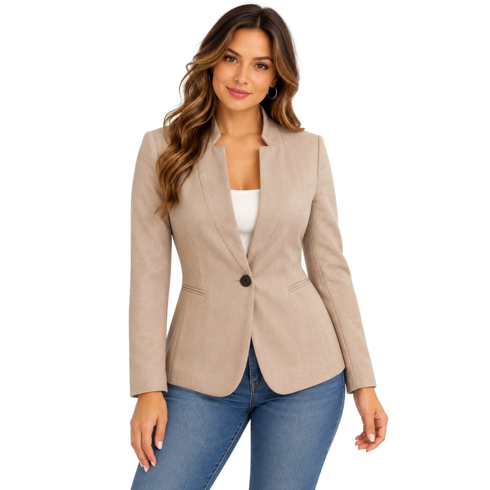Zara Basic Womens Tan Stand Collar Single Button Tailored Blazer Jacket Size 4